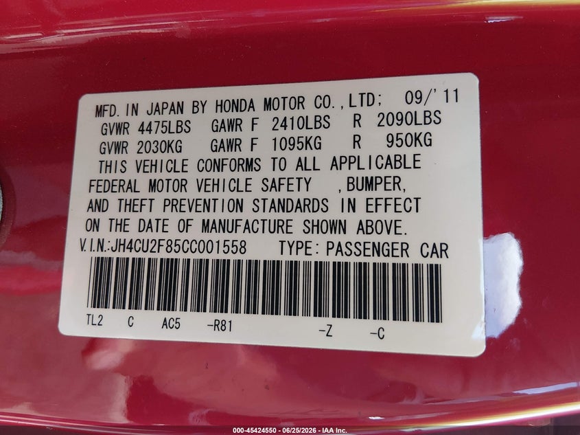 2012 Acura Tsx 2.4 VIN: JH4CU2F85CC001558 Lot: 45424550