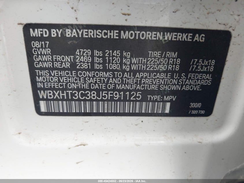 2018 BMW X1 xDrive28I VIN: WBXHT3C38J5F91125 Lot: 45424552
