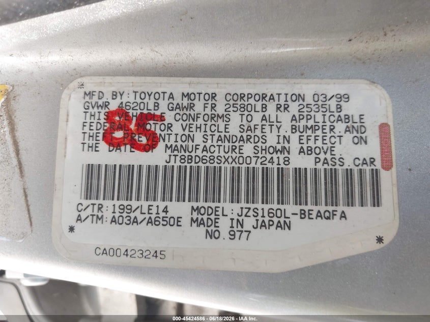 1999 Lexus Gs 300 VIN: JT8BD68SXX0072418 Lot: 45424586