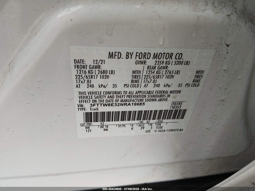 2022 Ford Maverick Xl VIN: 3FTTW8E32NRA19685 Lot: 45424685