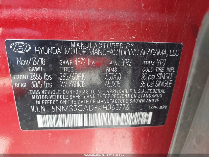 VIN 5NMS3CAD3KH063776 2019 HYUNDAI SANTA FE SEL PLUS