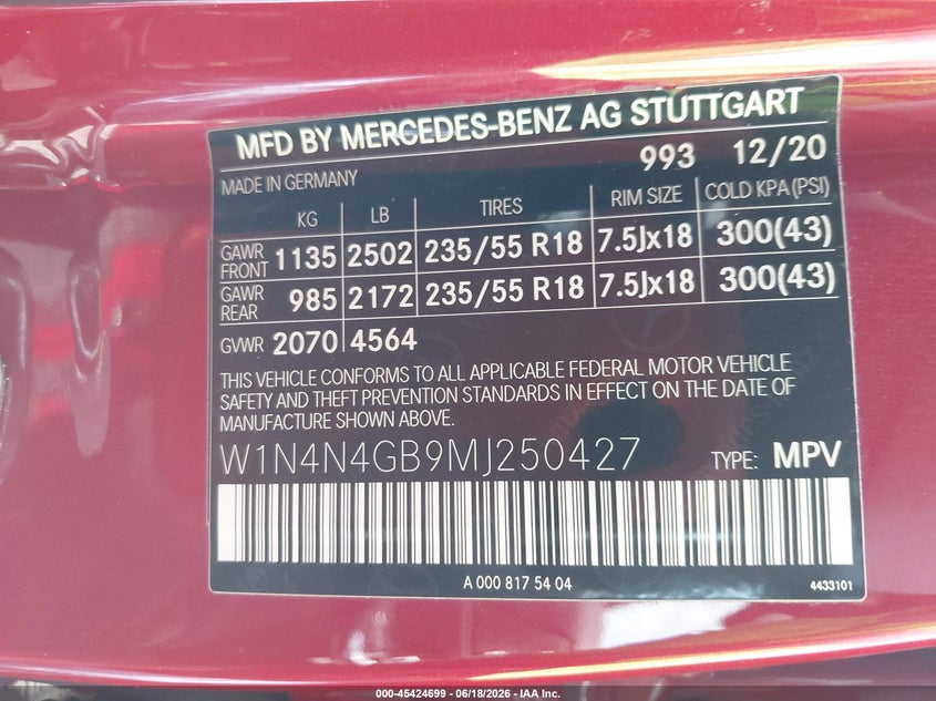 2021 Mercedes-Benz Gla 250 VIN: W1N4N4GB9MJ250427 Lot: 45424699
