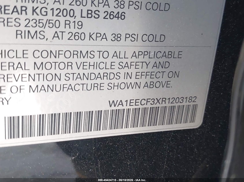 2024 Audi Q3 Premium Plus 45 Tfsi S Line Quattro Tiptronic VIN: WA1EECF3XR1203182 Lot: 45424715