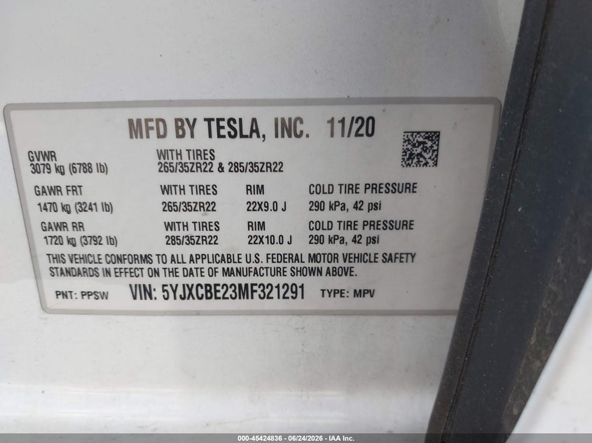 2021 Tesla Model X Long Range Dual Motor All-Wheel Drive/Long Range Plus Dual Motor All-Wheel Drive VIN: 5YJXCBE23MF321291 Lot: 45424836