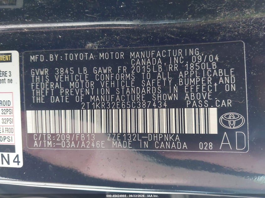 2005 Toyota Matrix Xr VIN: 2T1KR32E65C387434 Lot: 45424985