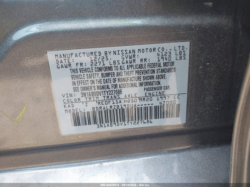 VIN 3N1AB9DV1TY227686 2026 NISSAN SENTRA SR