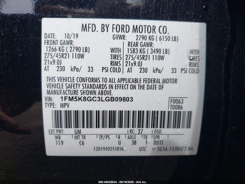 VIN 1FM5K8GC3LGB09803 2020 FORD EXPLORER ST