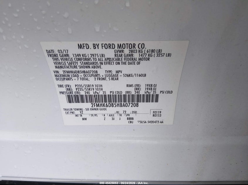 2017 Ford Flex Limited VIN: 2FMHK6D85HBA07208 Lot: 45425053