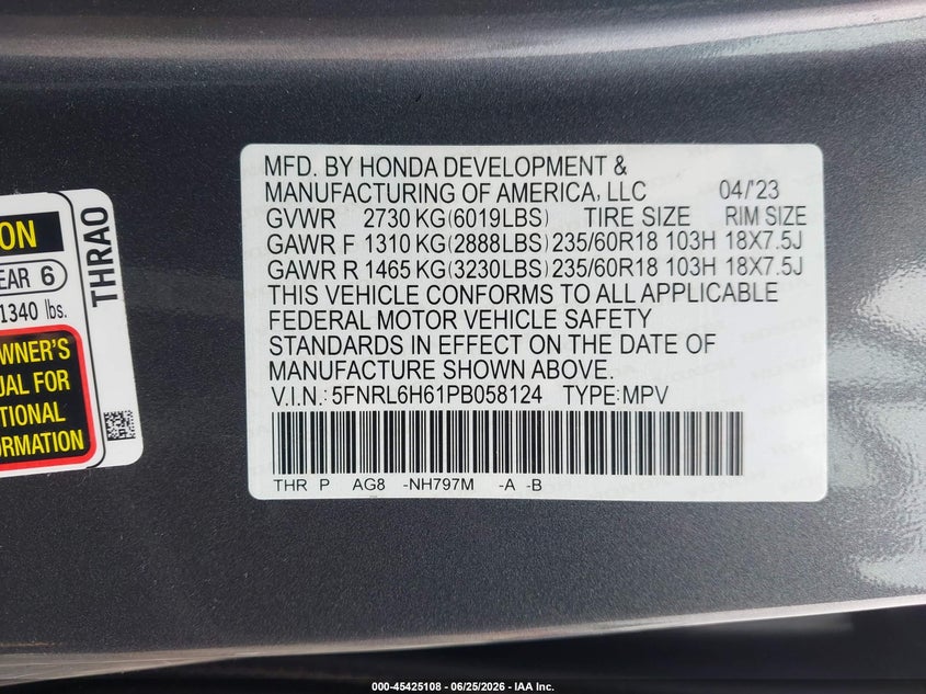HONDA ODYSSEY 2023 VIN 5FNRL6H61PB058124