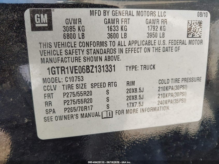 2011 GMC SIERRA TRUCK 5.3L V-8 VVT, 315HP