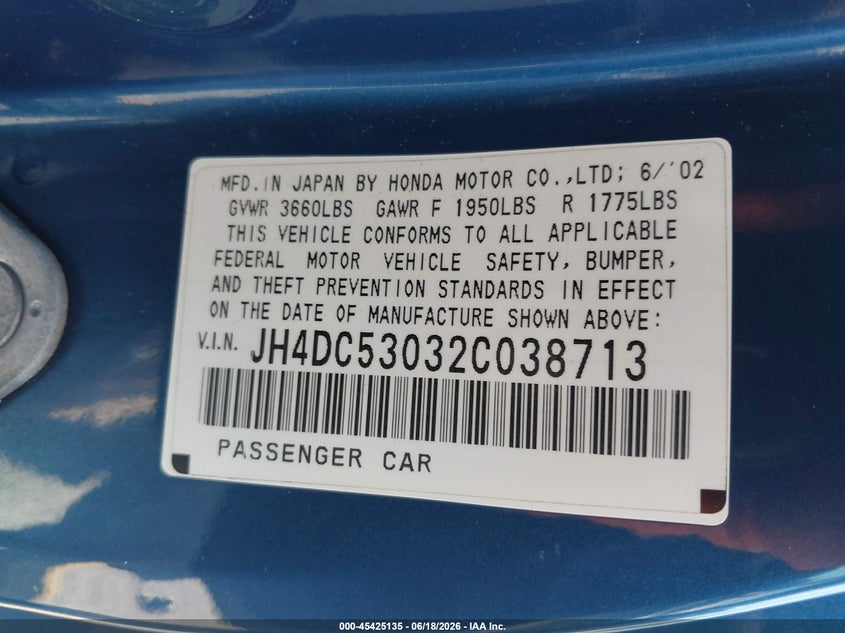 2002 Acura Rsx Type S VIN: JH4DC53032C038713 Lot: 45425135