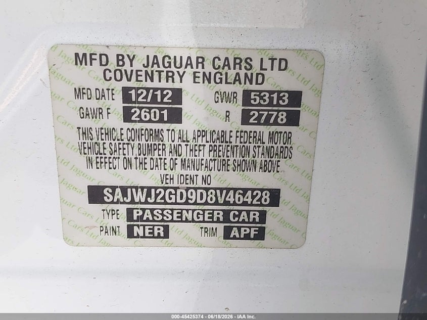 2013 Jaguar Xj Xjl Portfolio VIN: SAJWJ2GD9D8V46428 Lot: 45425374