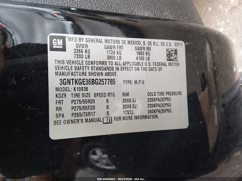 2011 Chevrolet Avalanche 1500 Ltz VIN: 3GNTKGE36BG257785 Lot: 45425403