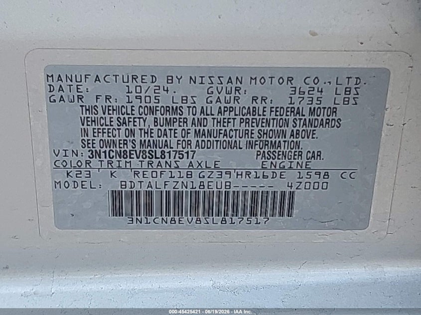2025 NISSAN VERSA SEDAN 1.6L I-4 DOHC, VVT, 122HP