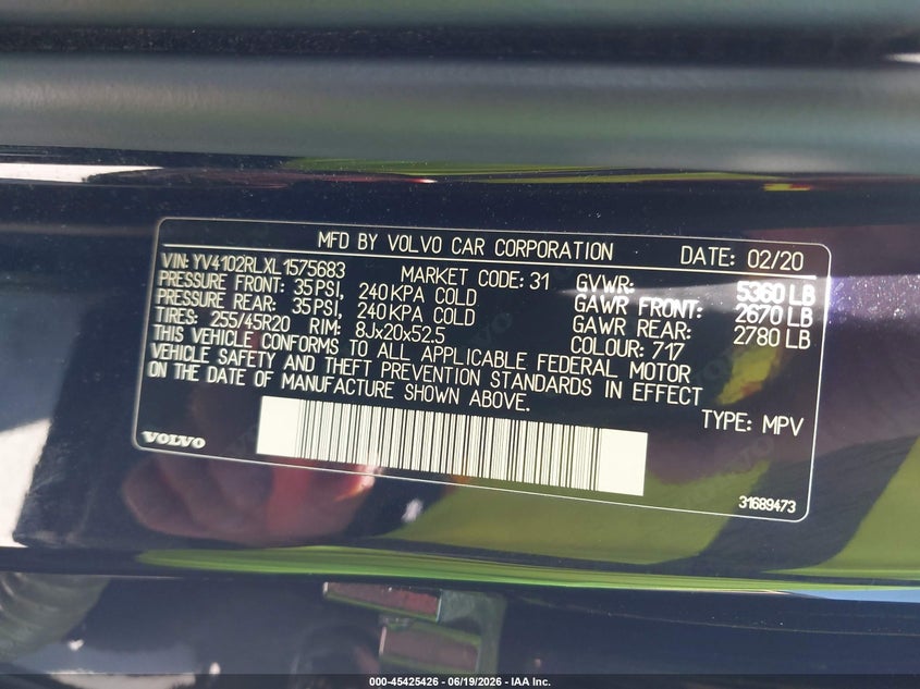 2020 Volvo Xc60 T5 Inscription VIN: YV4102RLXL1575683 Lot: 45425426