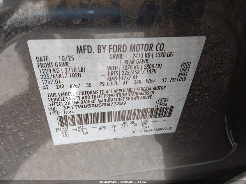 2025 Ford Maverick Xl VIN: 3FTTW8B30SRB73389 Lot: 45425490