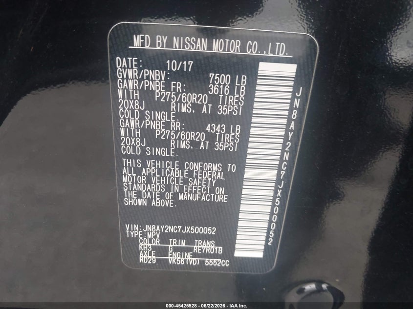 2018 Nissan Armada Sl VIN: JN8AY2NC7JX500052 Lot: 45425528
