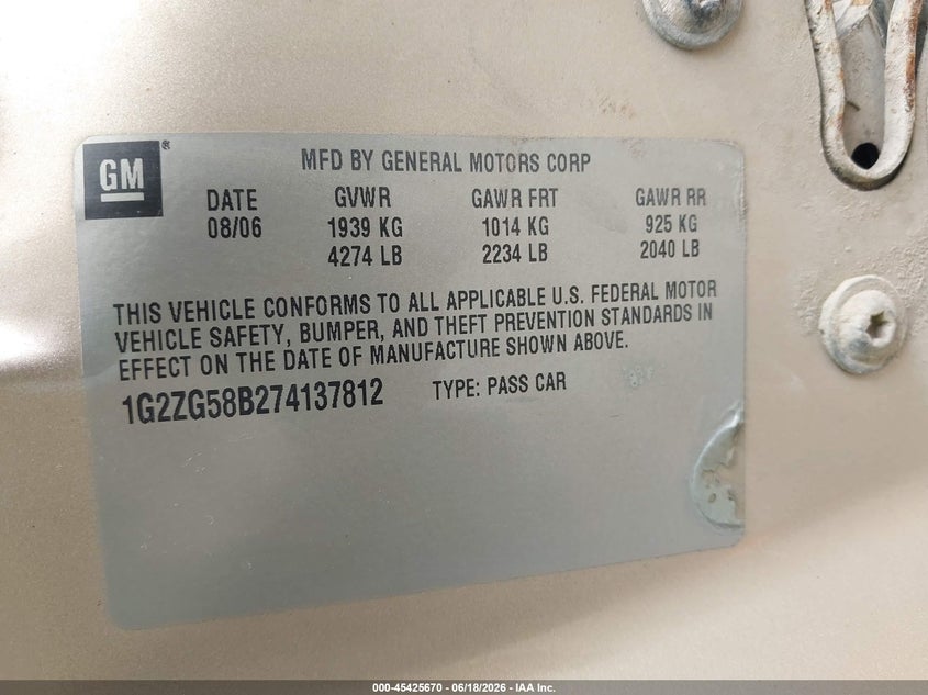 2007 Pontiac G6 VIN: 1G2ZG58B274137812 Lot: 45425670