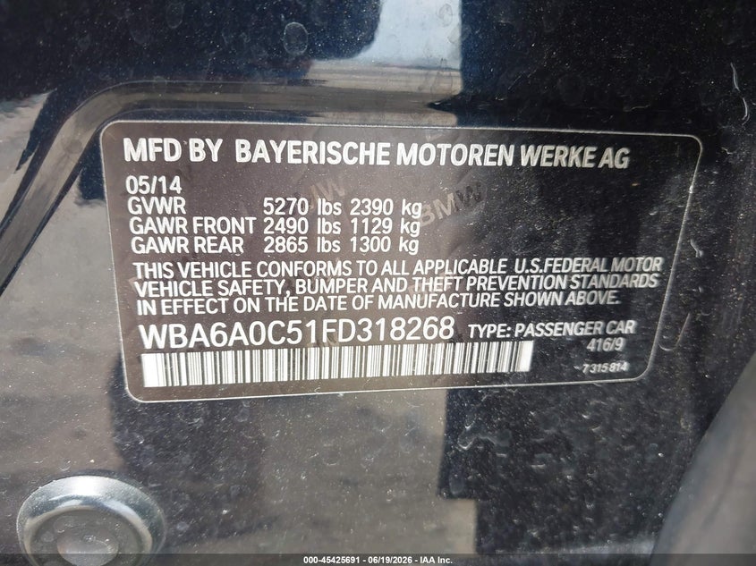 2015 BMW 640I Gran Coupe VIN: WBA6A0C51FD318268 Lot: 45425691