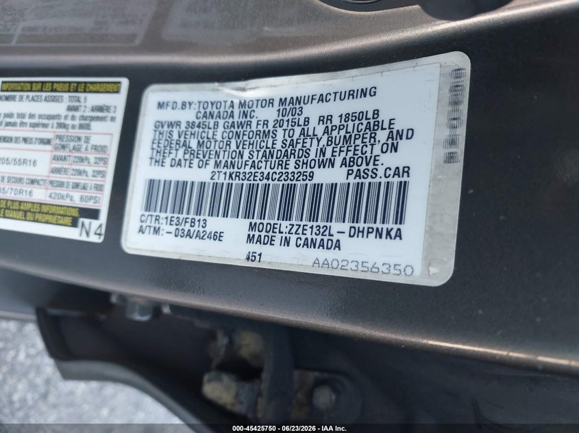2004 Toyota Matrix Xr VIN: 2T1KR32E34C233259 Lot: 45425750