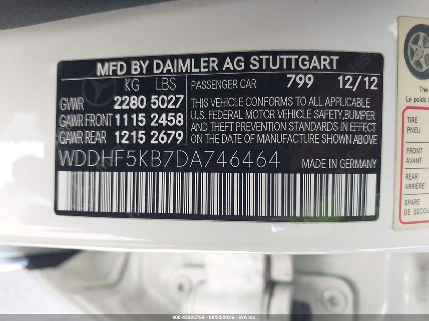 2013 Mercedes-Benz E 350 VIN: WDDHF5KB7DA746464 Lot: 45425784