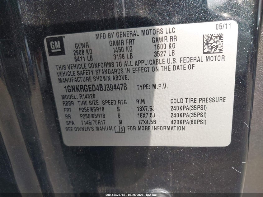 2011 CHEVROLET TRAVERSE SPORT UTILITY VEHICLE 3.6L V-6 DI, DOHC, VVT, 281HP