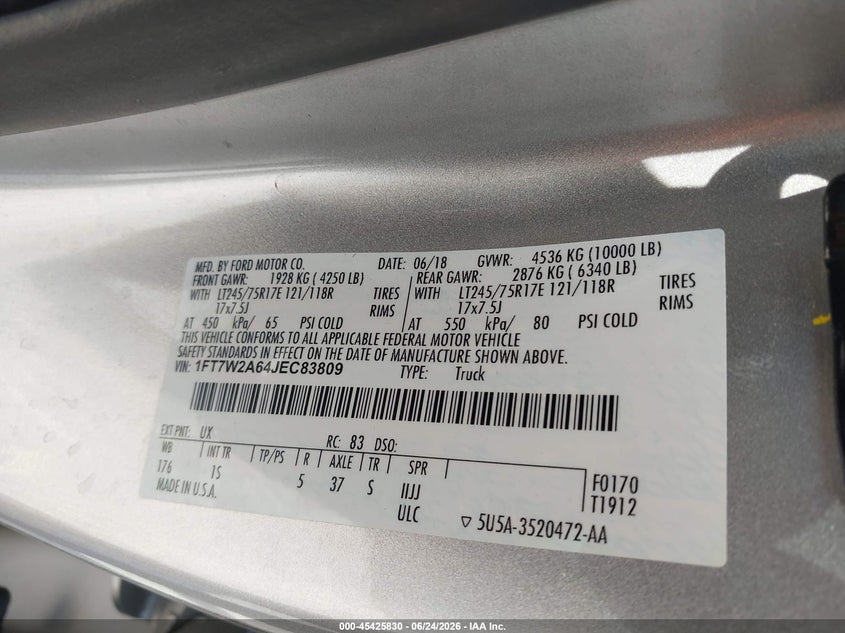 FORD F-250 2018 VIN 1FT7W2A64JEC83809