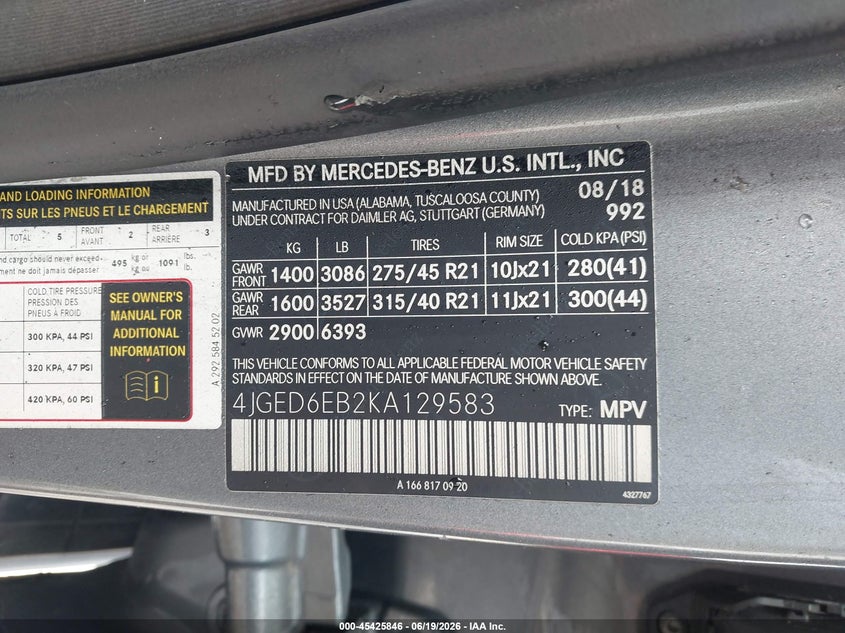 2019 Mercedes-Benz Amg Gle 43 Coupe 4Matic VIN: 4JGED6EB2KA129583 Lot: 45425846