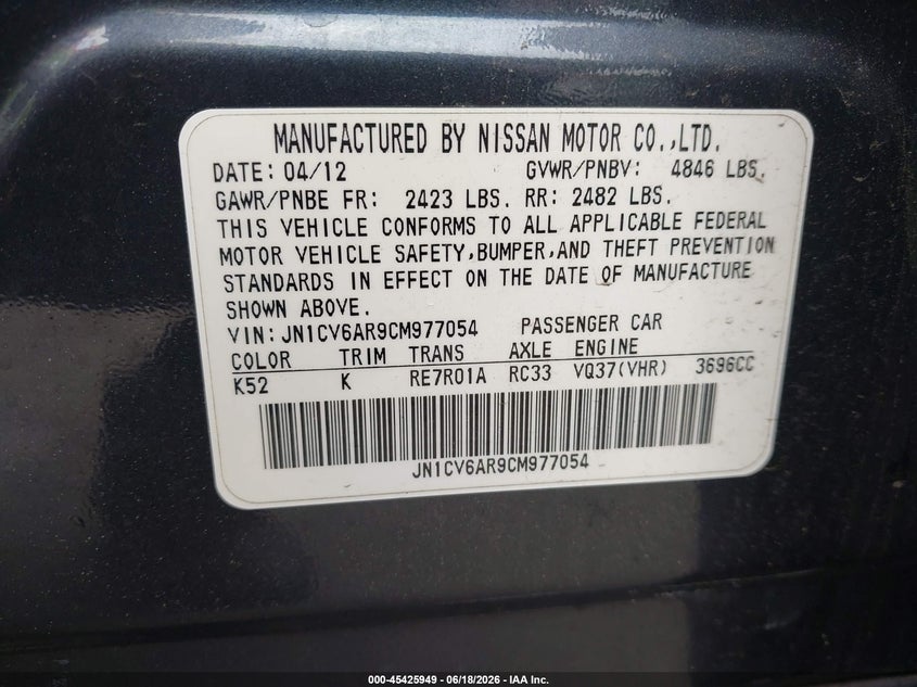 2012 INFINITI G SEDAN 3.7L V-6 DOHC, VVT, 328HP