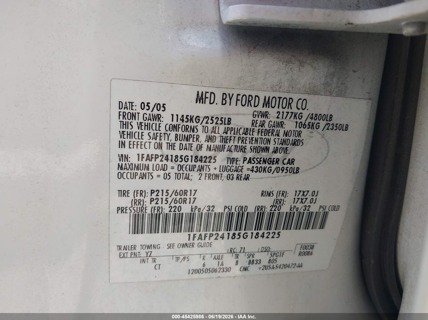 2005 Ford Five Hundred Sel VIN: 1FAFP24185G184225 Lot: 45425986