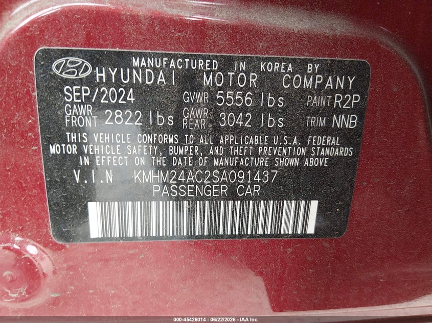 2025 Hyundai Ioniq 6 Se VIN: KMHM24AC2SA091437 Lot: 45426014