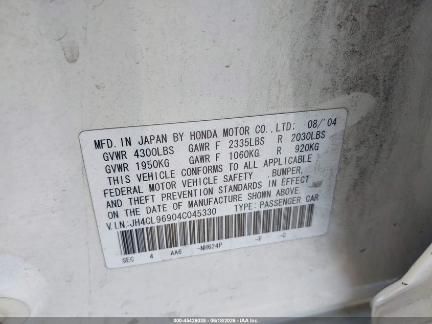 2004 Acura Tsx VIN: JH4CL96904C045330 Lot: 45426038