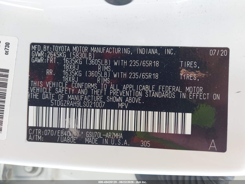 2020 TOYOTA HIGHLANDER XLE — Photo 9