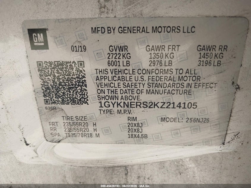2019 Cadillac Xt5 Premium Luxury VIN: 1GYKNERS2KZ214105 Lot: 45426193