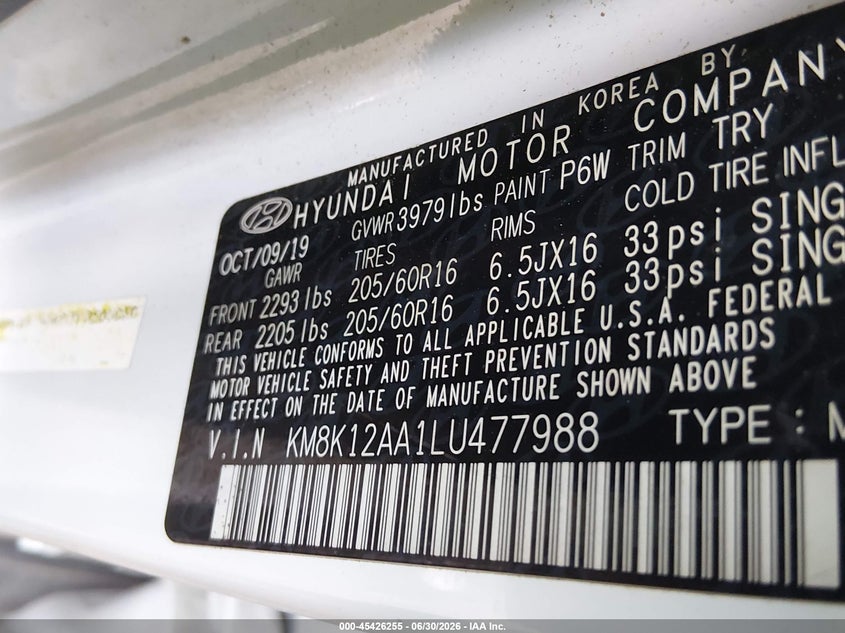 2020 Hyundai Kona Se VIN: KM8K12AA1LU477988 Lot: 45426255