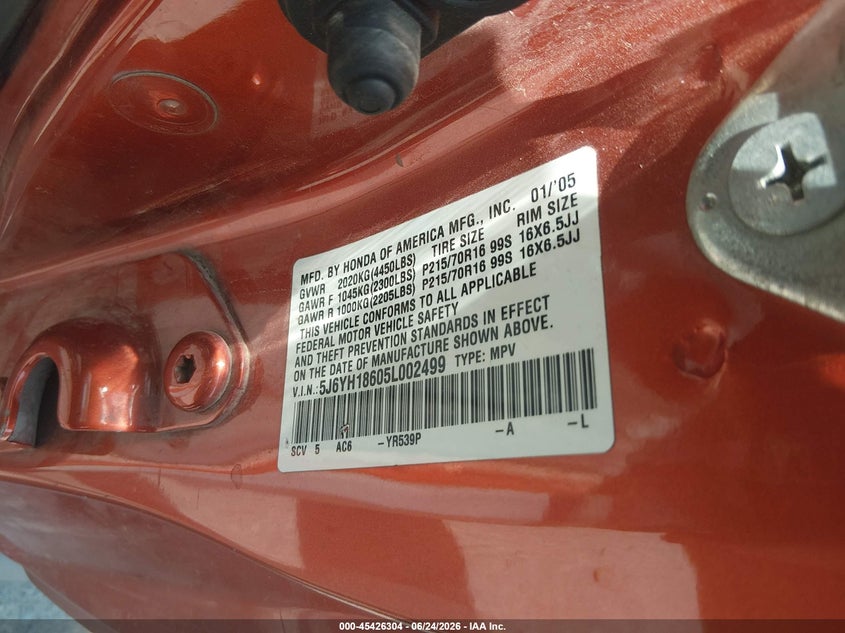 2005 Honda Element Ex VIN: 5J6YH18605L002499 Lot: 45426304