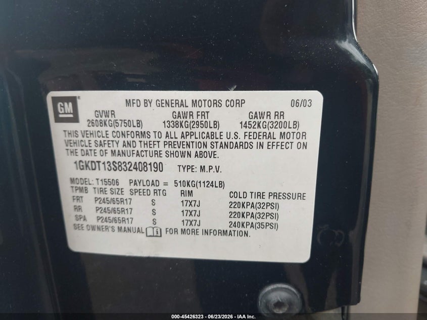 2003 GMC Envoy Sle VIN: 1GKDT13S832408190 Lot: 45426323