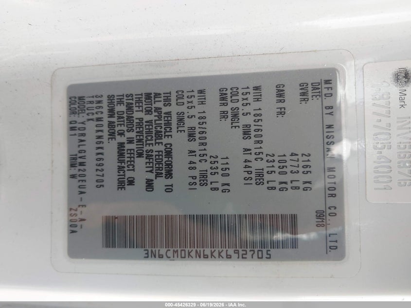 2019 Nissan Nv200 Sv VIN: 3N6CM0KN6KK692705 Lot: 45426329