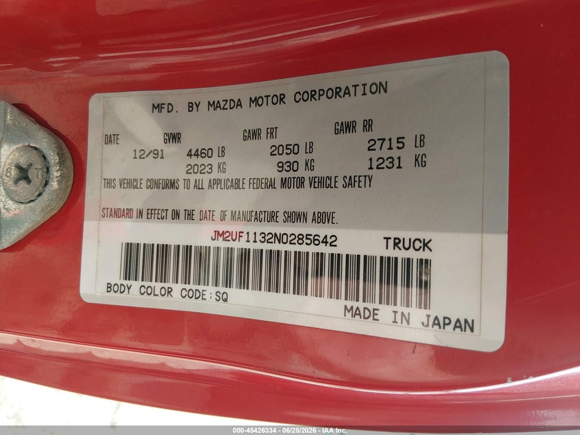1992 Mazda B2200 Short Bed VIN: JM2UF1132N0285642 Lot: 45426334