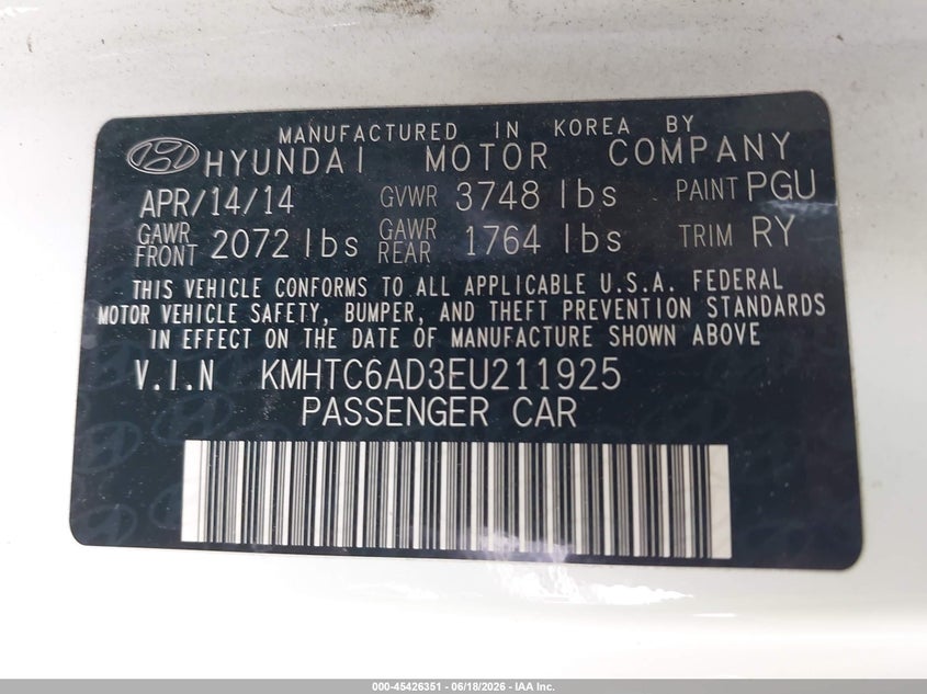 2014 Hyundai Veloster Base W/Black VIN: KMHTC6AD3EU211925 Lot: 45426351