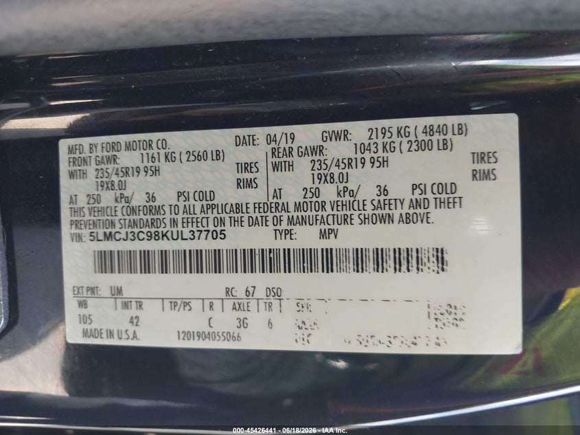2019 Lincoln Mkc Reserve VIN: 5LMCJ3C98KUL37705 Lot: 45426441