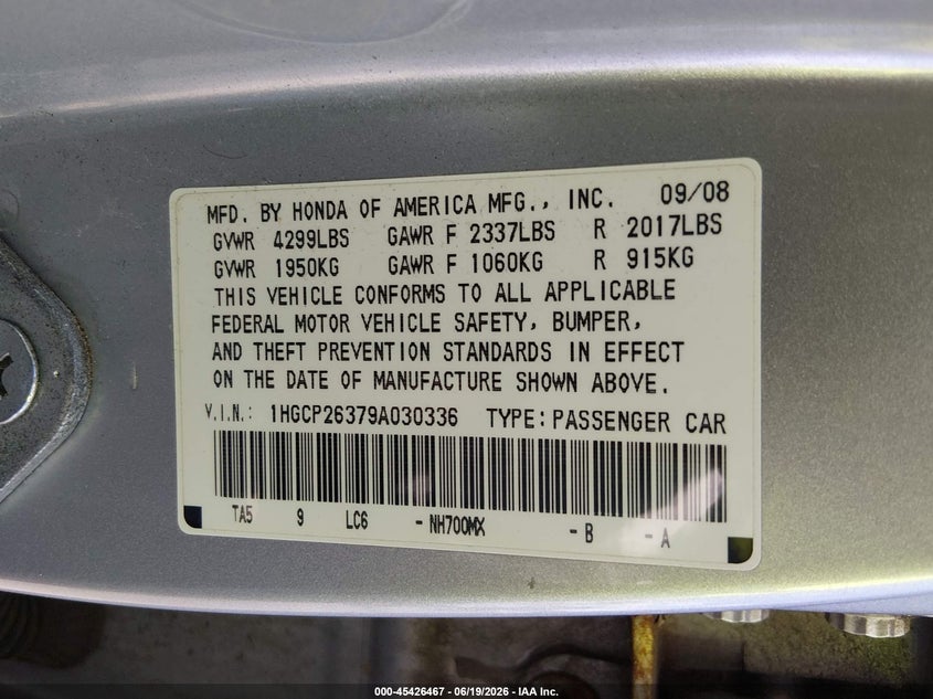 2009 Honda Accord 2.4 Lx VIN: 1HGCP26379A030336 Lot: 45426467