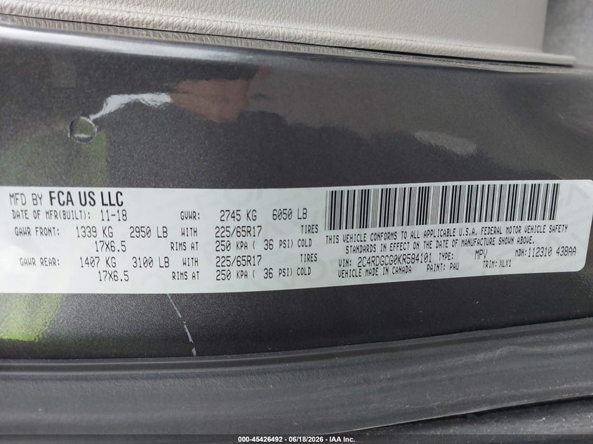 2019 DODGE CARAVAN VAN 3.6L V-6 DOHC, VVT, 283HP