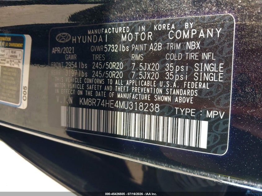 2021 Hyundai Palisade Calligraphy VIN: KM8R74HE4MU318238 Lot: 45426505
