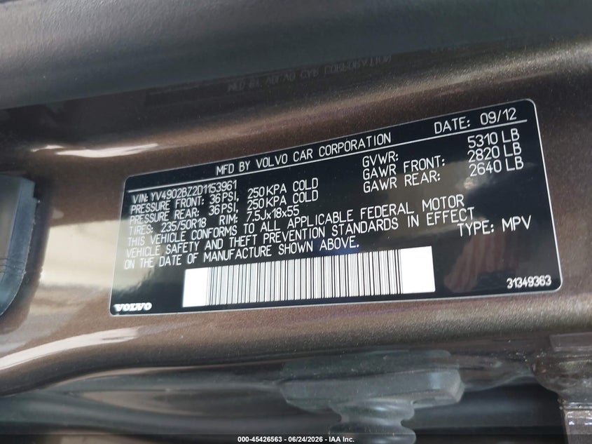2013 Volvo Xc70 T6 Platinum VIN: YV4902BZ2D1153961 Lot: 45426563