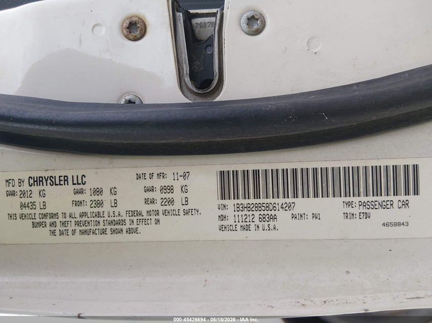2008 Dodge Caliber Se VIN: 1B3HB28B58D614207 Lot: 45426694