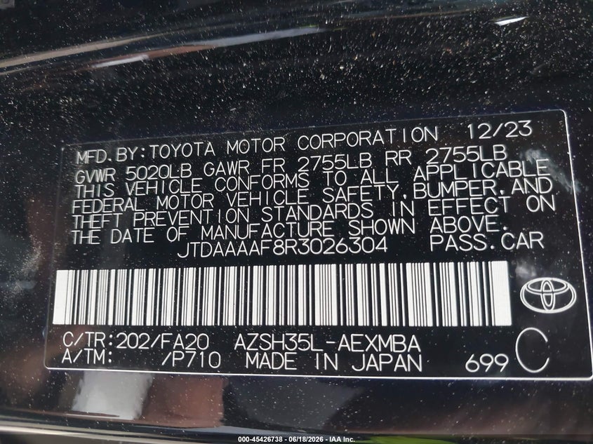 2024 Toyota Crown Xle VIN: JTDAAAAF8R3026304 Lot: 45426738