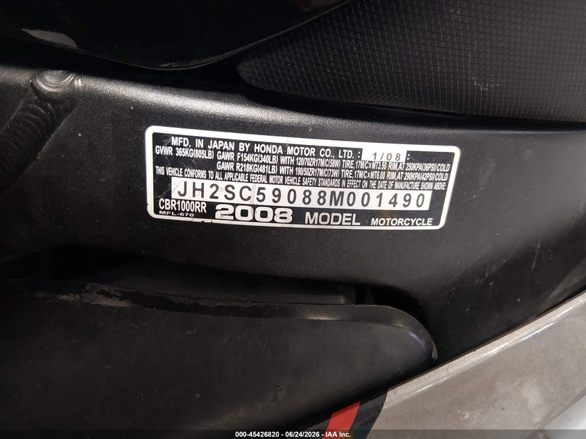 2008 Honda Cbr1000 Rr VIN: JH2SC59088M001490 Lot: 45426820