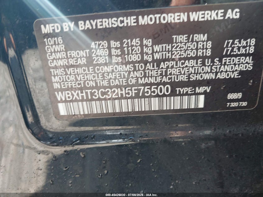 2017 BMW X1 xDrive28I VIN: WBXHT3C32H5F75500 Lot: 45426830