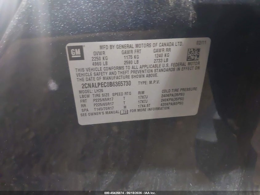 2011 CHEVROLET EQUINOX SPORT UTILITY VEHICLE 2.4L I-4 DI, DOHC, VVT, 182HP